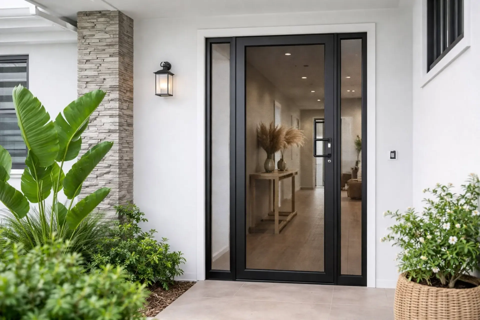 Black-framed security screen door on a Sunshine Coast home entry