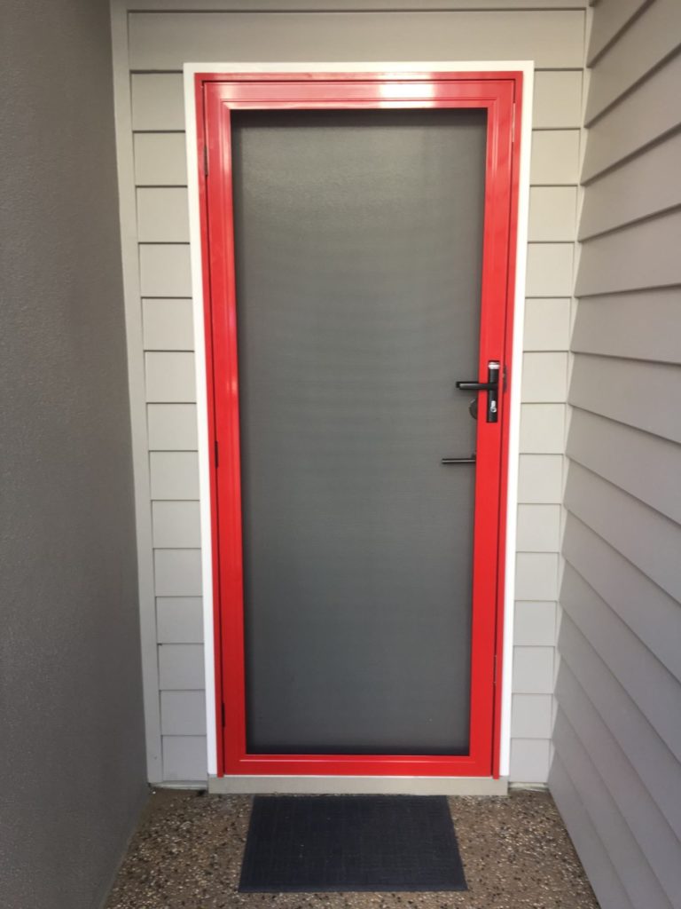 Red 316 Stainless Steel Security Hinged Door supplied and installed by Alpha Screens & Glass on the Sunshine Coast QLD